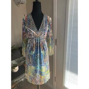Boho Hippie Psychedelic Geometric Print Midi Dress Festival/Resort Wear Sz M
